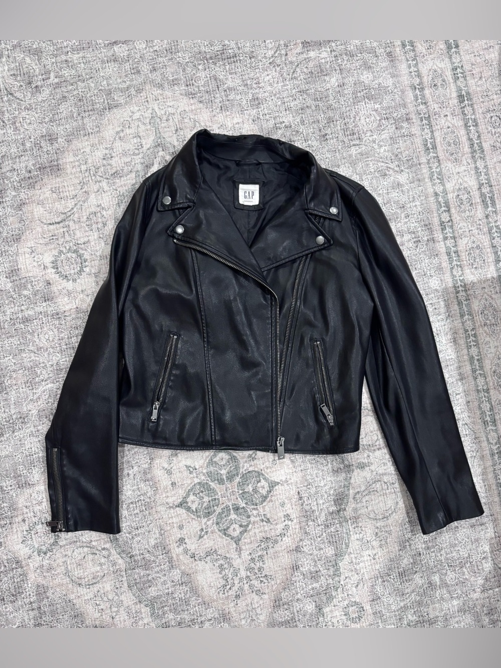 GAP Black Faux Leather Moto Jacket with Asymmetrical Zip size Medium